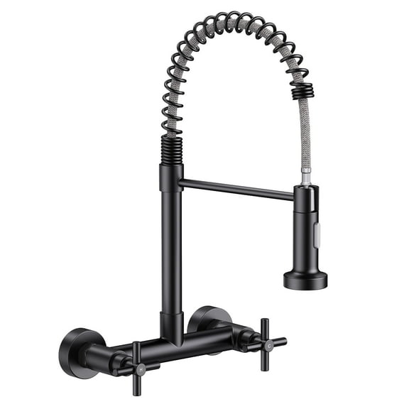 KINGTACK Wall Mount Kitchen Faucet,8 inch Commercial Sink Faucet with Sprayer, Dual Handles Utility Sink Faucet for Kitchen Laundry Restaurant, Matte Black