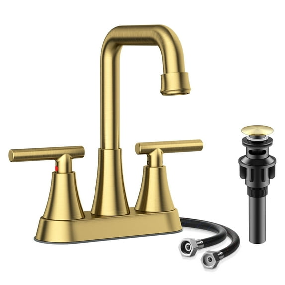 KINGTACK Bathroom Sink Faucet, 4 inch Brushed Gold Bathroom Faucets with Pop-up Drain and Supply Lines, Stainless Steel 2-Handle Centerset Faucet for Bathroom Faucet 3 Hole