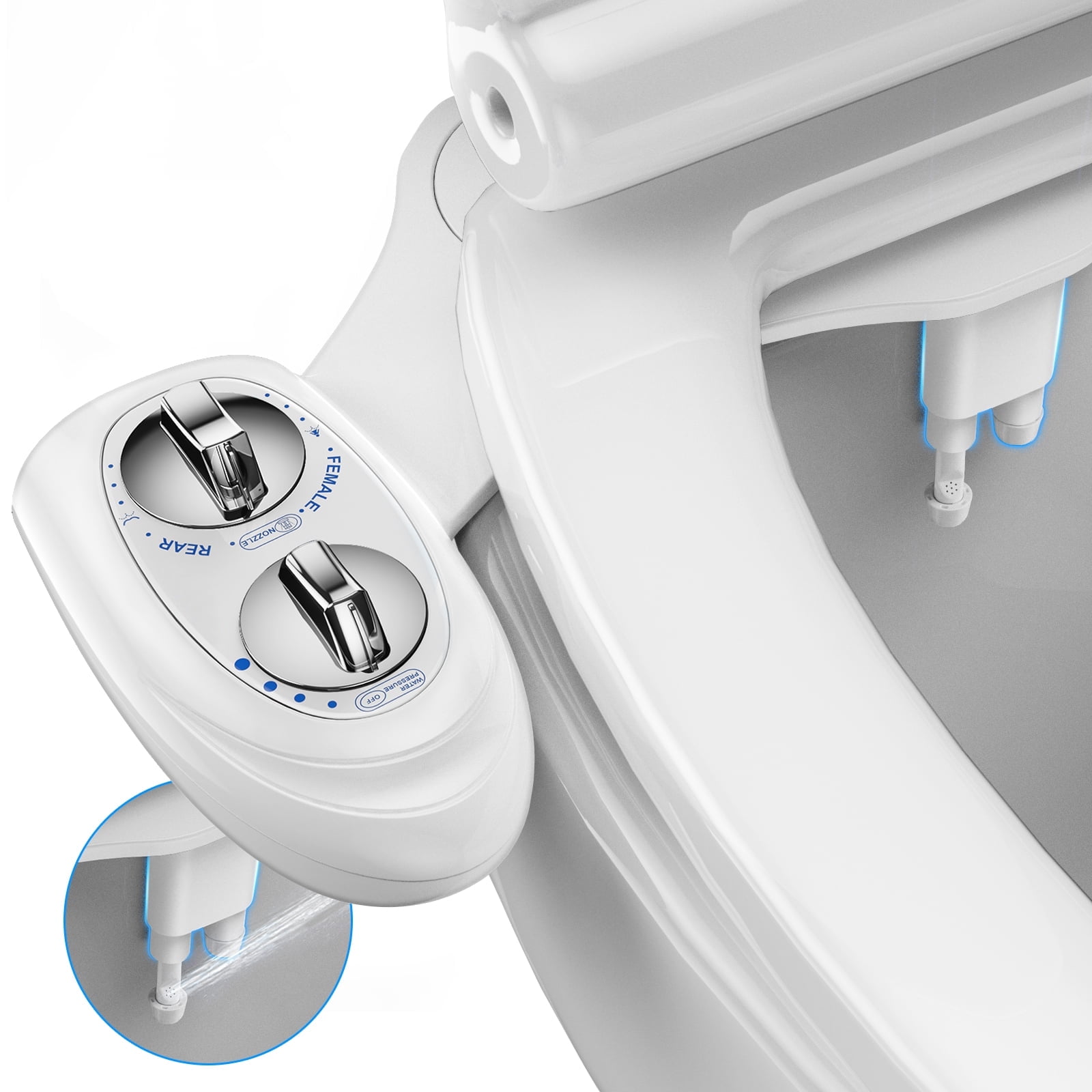 KINGTACK Toilet Bidet Attachment, Dual Nozzle, Non-Electric Bidet Attachment for Toilet Seat, Adjustable Water Pressure, Rear and Feminine Wash (White)