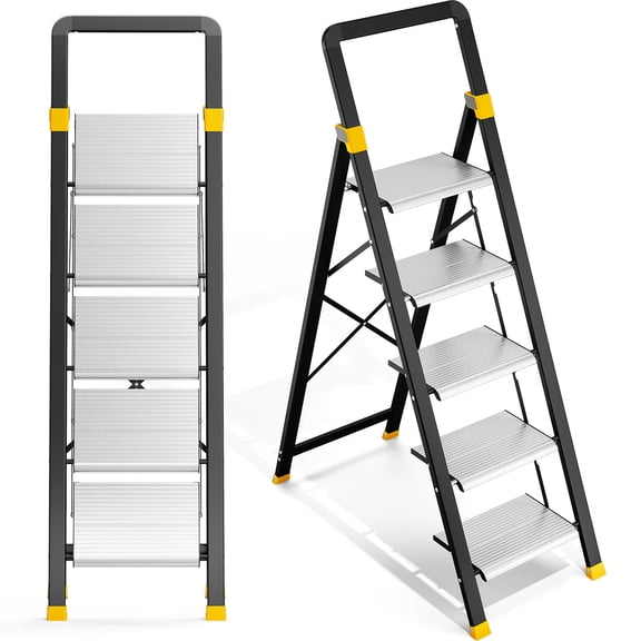 KINGTIDY 5 Step Ladder, Sturdy Aluminium Ladder with Anti-Slip Pedal, 330lbs, Portable Ladder for Home Kitchen Office, Silver