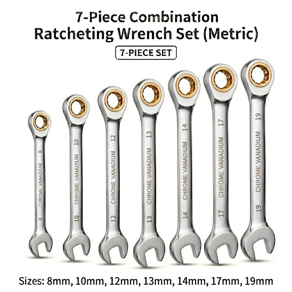 KINGWOLF 7-Piece Metric Combination Ratchet Wrenches Set, 8-19mm CR-V Ratcheting Wrench Set with Tool Pouch