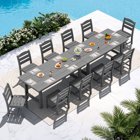 KINGYES 12 Piece Patio Dining Set, HDPE Outdoor Table and Chairs Set with Umbrella Hole, Gray