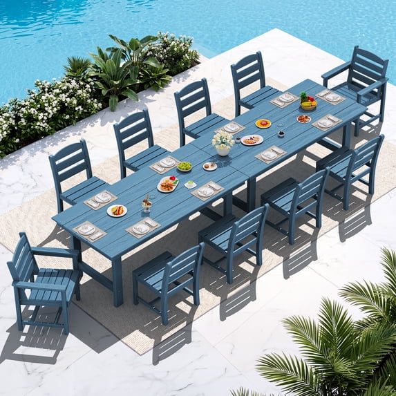 KINGYES 12 Piece Patio Dining Set, HDPE Outdoor Table and Chairs Set with Umbrella Hole, Navy