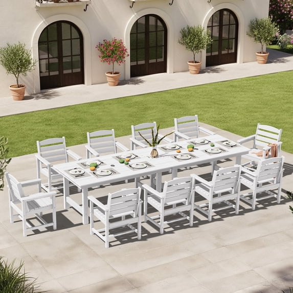 KINGYES 12 Piece Patio Dining Set, HDPE Outdoor Table and Chairs Set with Umbrella Hole, White