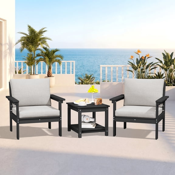 KINGYES 3-Piece HDPE Patio Furniture Set, All-Weather Outdoor Sectional Sofa Set, Patio Conversation Set for Backyard, Deck, Poolside, Black Frame with Beige Cushions
