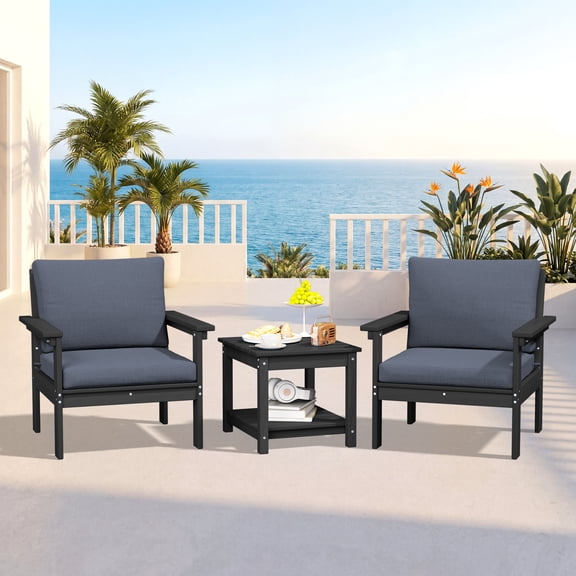KINGYES 3-Piece HDPE Patio Furniture Set, All-Weather Outdoor Sectional Sofa Set, Patio Conversation Set for Backyard, Deck, Poolside, Black Frame with Grey Cushions