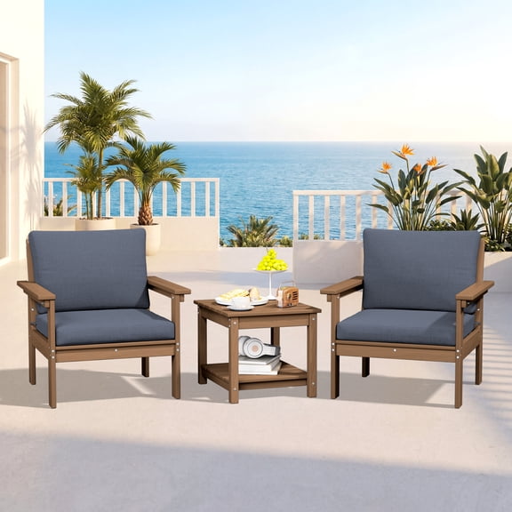 KINGYES 3-Piece HDPE Patio Furniture Set, All-Weather Outdoor Sectional Sofa Set, Patio Conversation Set for Backyard, Deck, Poolside, Brown Frame with Grey Cushions
