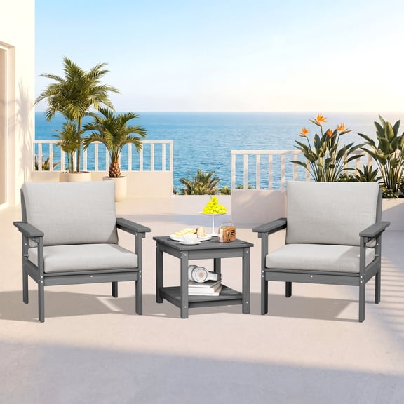 KINGYES 3-Piece HDPE Patio Furniture Set, All-Weather Outdoor Sectional Sofa Set, Patio Conversation Set for Backyard, Deck, Poolside, Grey Frame with Beige Cushions