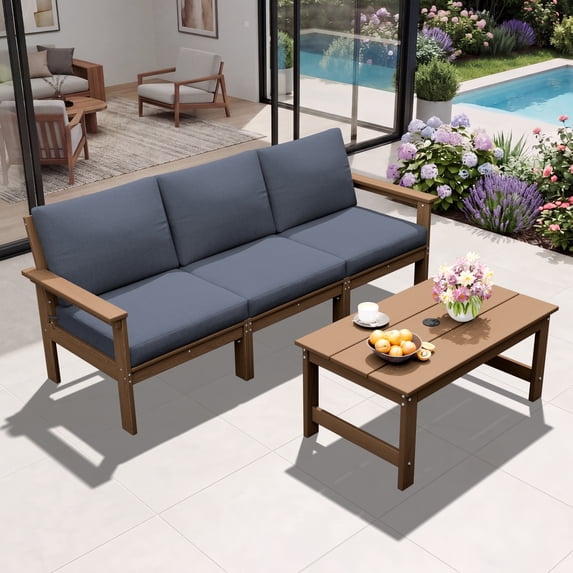 KINGYES 4 Piece HDPE Patio Furniture Set, All Weather Outdoor Modular Sectional Sofa Set, Patio Conversation Set for Backyard, Deck, Poolside, Brown Frame with Grey Cushions