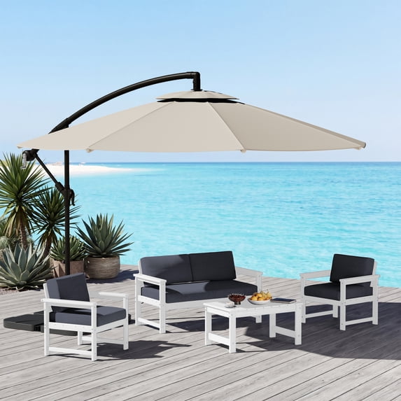 KINGYES 4 Pieces Outdoor Furniture Set with 10FT Patio Umbrella, HDPE All Weather Use Conversation Couch Sets,2 Armchairs & 1 Loveseat & 1 Coffee Table for Patio Backyard