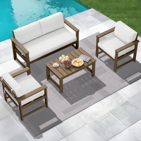 KINGYES 4 Pieces Outdoor Furniture Set, HDPE All Weather Use Conversation Couch Sets,2 Armchairs & 1 Loveseat & 1 Coffee Table for Patio Backyard, Brown Frame with Khaki Cushions
