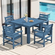 KINGYES 5-Piece HDPE Outdoor Dining Set for 4, Square Patio Table & Armchairs with Umbrella Hole, All-Weather Patio Dining Set for Backyard, Garden, Lawn & Poolside, Blue