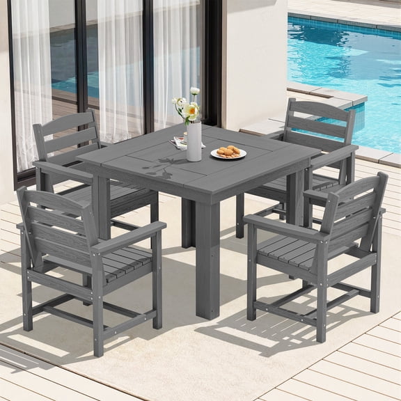 KINGYES 5-Piece HDPE Outdoor Dining Set for 4, Square Patio Table & Armchairs with Umbrella Hole, All-Weather Patio Dining Set for Backyard, Garden, Lawn & Poolside, Gray