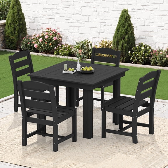KINGYES 5-Piece HDPE Outdoor Dining Set for 4, Square Patio Table & Armless Chairs with Umbrella Hole, All-Weather Patio Dining Set for Backyard, Garden, Lawn & Poolside, Black