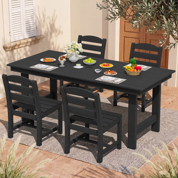 KINGYES 5 Piece Patio Dining Set for 4, All Weather HDPE Outdoor Table and Chairs Set with Umbrella Hole, Black