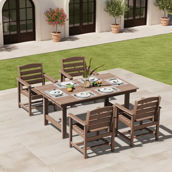 KINGYES 5 Piece Patio Dining Set for 4, HDPE Outdoor Table and Chairs Set with Umbrella Hole, Brown