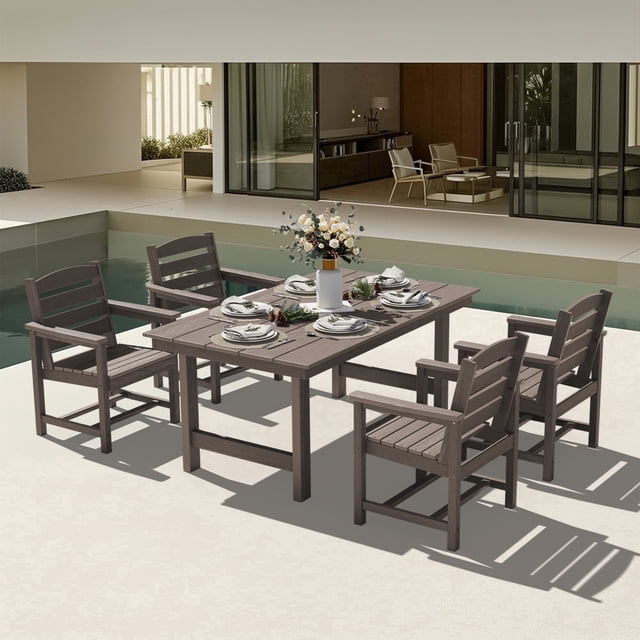 KINGYES 5 Piece Patio Dining Set for 4, HDPE Outdoor Table and Chairs Set with Umbrella Hole, Dark Brown