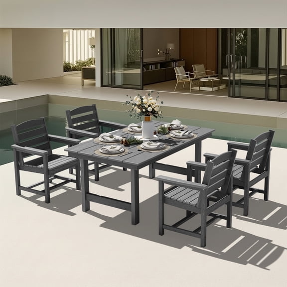 KINGYES 5 Piece Patio Dining Set for 4, HDPE Outdoor Table and Chairs Set with Umbrella Hole, Gray