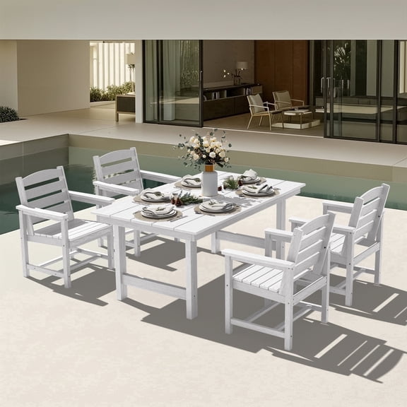 KINGYES 5 Piece Patio Dining Set for 4, HDPE Outdoor Table and Chairs Set with Umbrella Hole, White