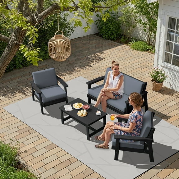 KINGYES 5PC Outdoor Conversation Set, All-Weather HDPE Patio Sofa Set with Cushions, 2 Armchairs, Loveseats & Coffee Table for Patio, Porch, Backyard, Black Frame with Grey Cushion