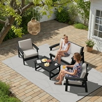 KINGYES 5PC Outdoor Conversation Set, All-Weather HDPE Patio Sofa Set with Cushions, 2 Armchairs, Loveseats & Coffee Table for Patio, Porch, Backyard, Black Frame with Khaki Cushion
