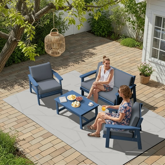 KINGYES 5PC Outdoor Conversation Set, All-Weather HDPE Patio Sofa Set with Cushions, 2 Armchairs, Loveseats & Coffee Table for Patio, Porch, Backyard, Blue Frame with Grey Cushion