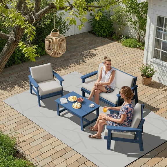 KINGYES 5PC Outdoor Conversation Set, All-Weather HDPE Patio Sofa Set with Cushions, 2 Armchairs, Loveseats & Coffee Table for Patio, Porch, Backyard, Blue Frame with Khaki Cushion