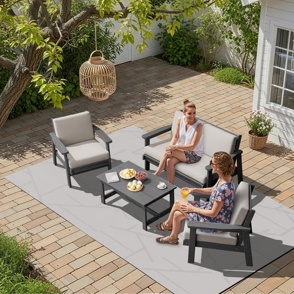 KINGYES 5PC Outdoor Conversation Set, All-Weather HDPE Patio Sofa Set with Cushions, 2 Armchairs, Loveseats & Coffee Table for Patio, Porch, Backyard, Grey Frame with Khaki Cushion