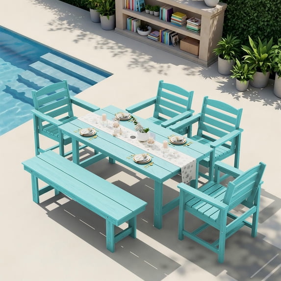 KINGYES 6 Piece Patio Dining Set, All Weather HDPE Outdoor Table and Chairs with Bench, Aruba Blue