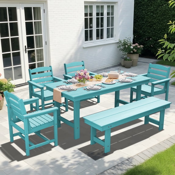 KINGYES 6 Piece Patio Dining Set, HDPE Outdoor Table and Chairs with Bench, Aruba Blue