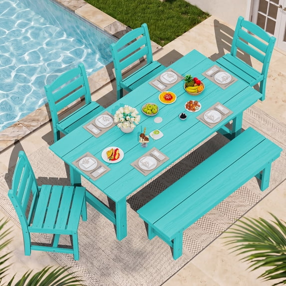 KINGYES 6 Piece Patio Dining Set, HDPE Outdoor Table and Chairs with Bench, Aruba Blue