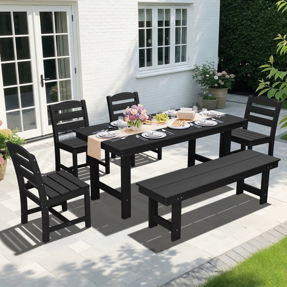 KINGYES 6 Piece Patio Dining Set, HDPE Outdoor Table and Chairs with Bench, Black
