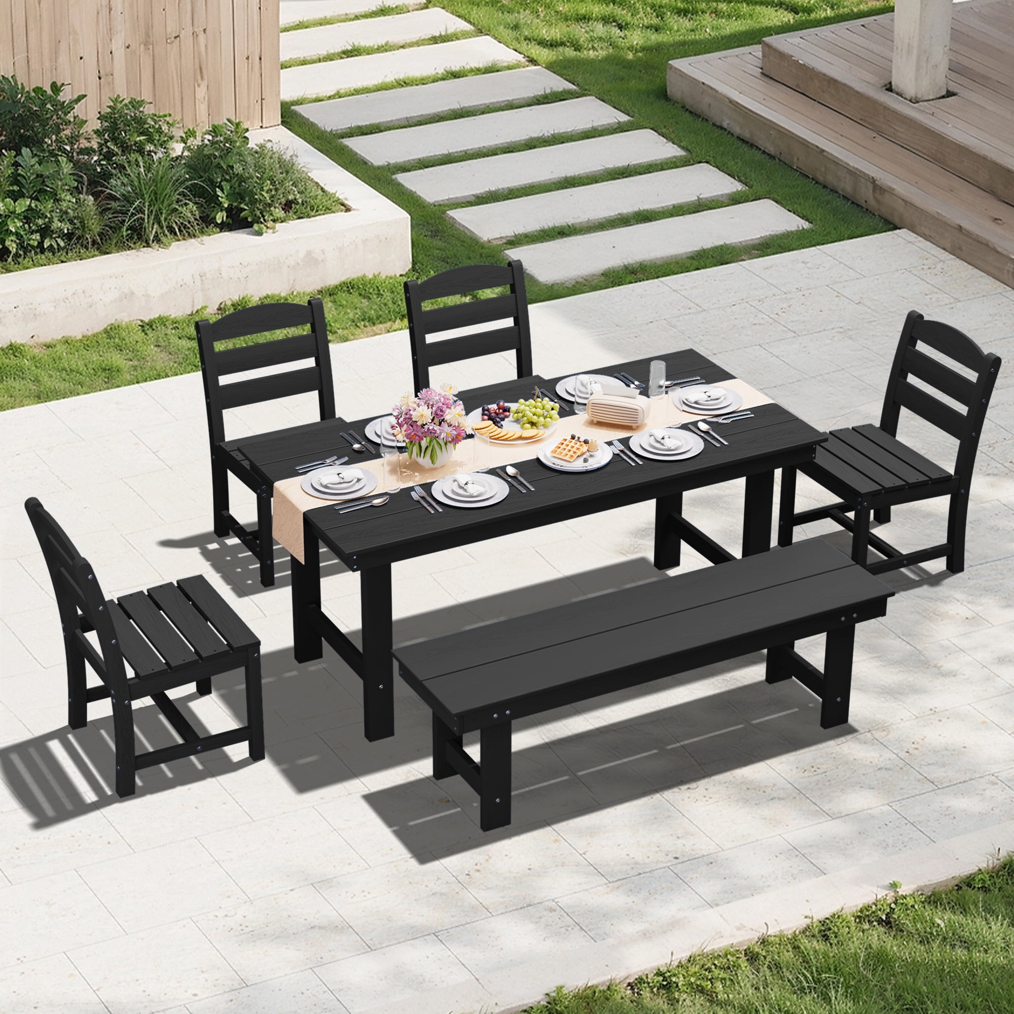 KINGYES 6 Piece Patio Dining Set, HDPE Outdoor Table and Chairs with Bench, Black