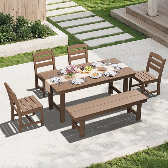 KINGYES 6 Piece Patio Dining Set, HDPE Outdoor Table and Chairs with Bench, Brown