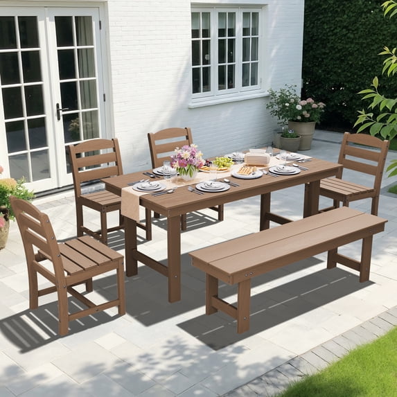 KINGYES 6 Piece Patio Dining Set, HDPE Outdoor Table and Chairs with Bench, Brown