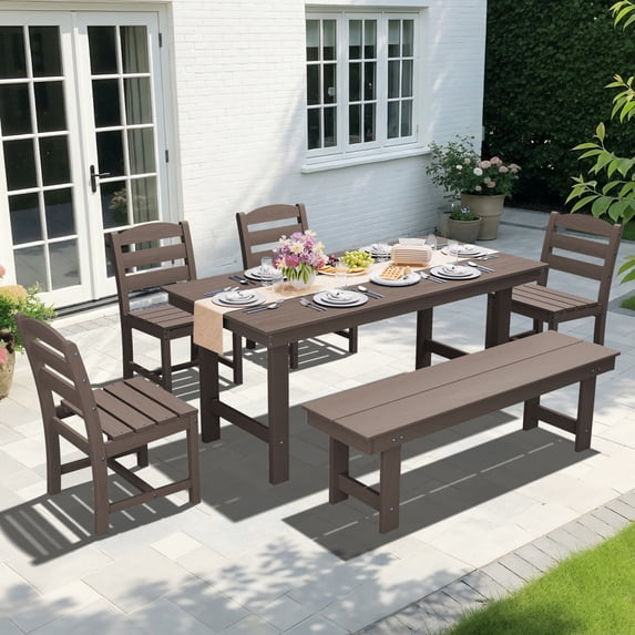 KINGYES 6 Piece Patio Dining Set, HDPE Outdoor Table and Chairs with Bench, Dark Brown