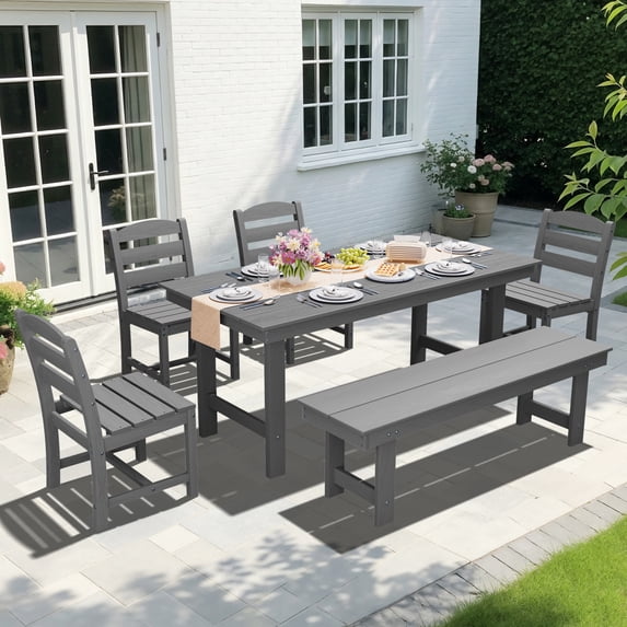 KINGYES 6 Piece Patio Dining Set, HDPE Outdoor Table and Chairs with Bench, Gray