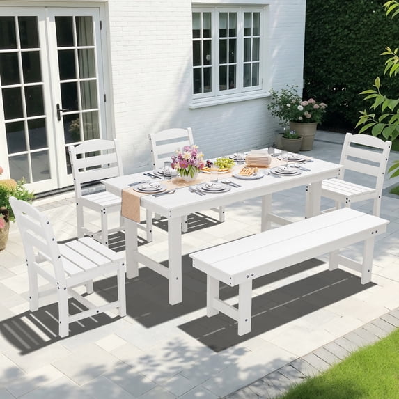 KINGYES 6 Piece Patio Dining Set, HDPE Outdoor Table and Chairs with Bench, White
