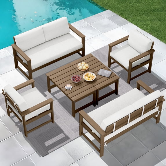 KINGYES 6 Pieces Outdoor Furniture Set, HDPE All Weather Use Conversation Couch Sets,2 Armchairs & 2 Loveseat & 2 Coffee Table for Patio Backyard, Brown Frame with Khaki Cushions