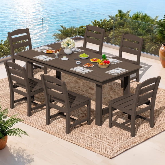 KINGYES 7-Piece Outdoor Dining Set, All Weather HDPE Patio Table and Chairs with Umbrella Hole, Dark Brown