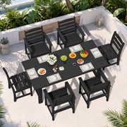 KINGYES 7-Piece Outdoor Dining Set, All Weather HDPE Patio Table and Chairs with Umbrella Hole, Black