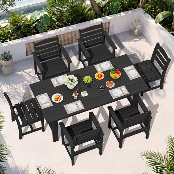 KINGYES 7-Piece Outdoor Dining Set, All Weather HDPE Patio Table and Chairs with Umbrella Hole, Black