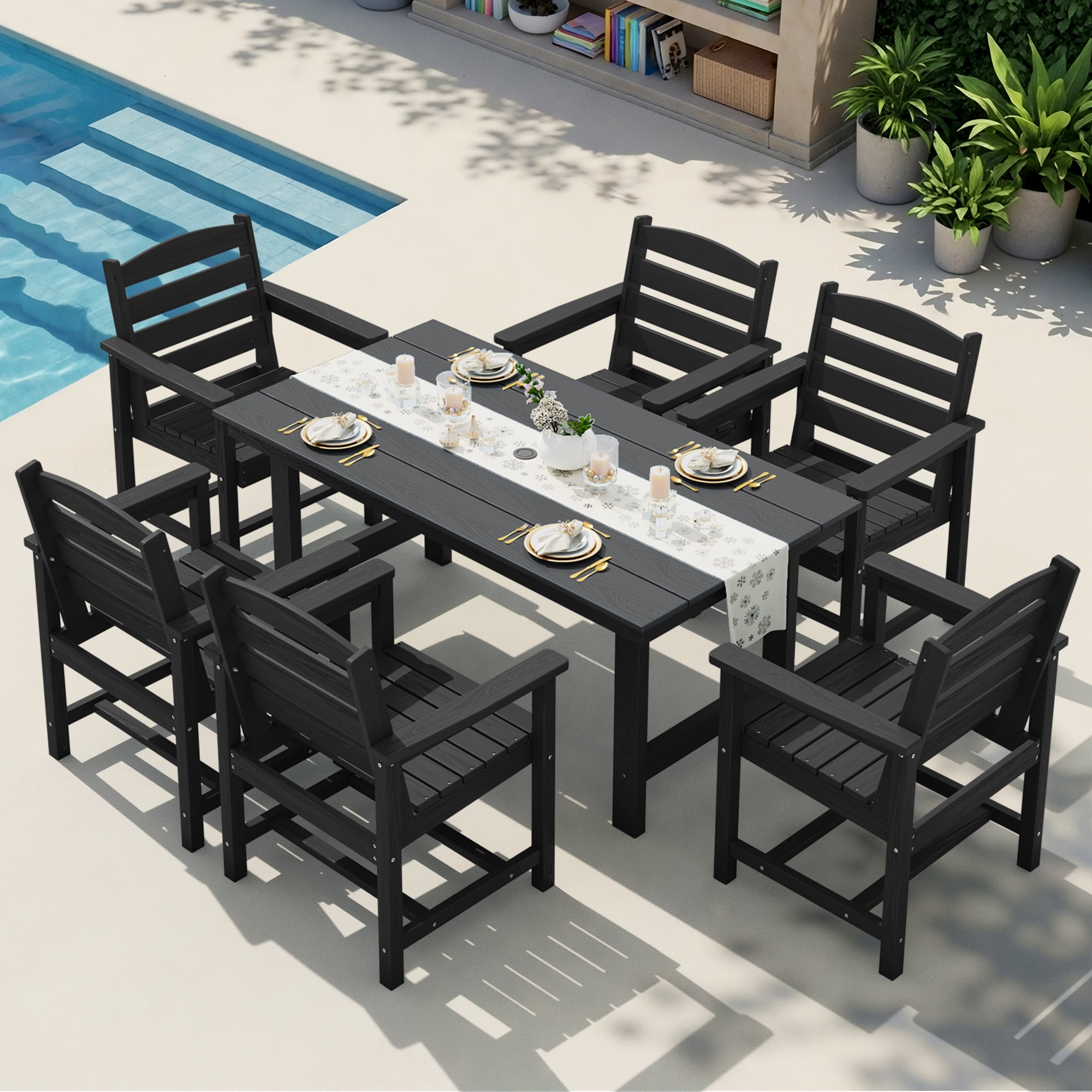 Walmart Black Friday Deals 2025 - KINGYES 7-Piece Outdoor Dining Set, HDPE Patio Table and Chairs with Umbrella Hole, Black