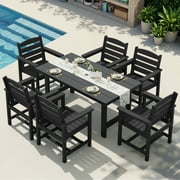 KINGYES 7-Piece Outdoor Dining Set, HDPE Patio Table and Chairs with Umbrella Hole, Black
