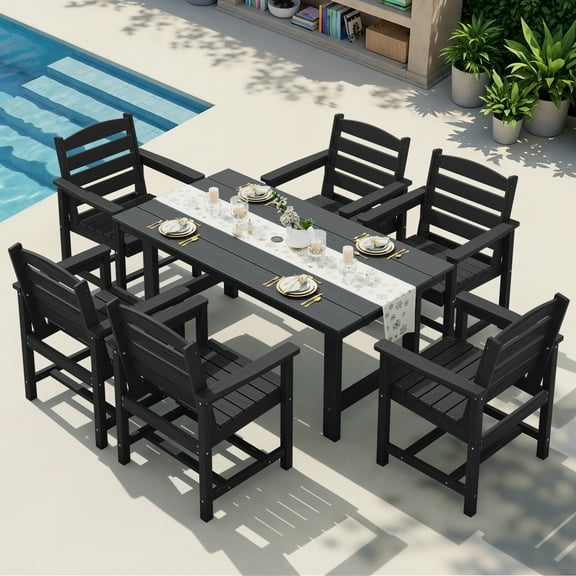 KINGYES 7-Piece Outdoor Dining Set, HDPE Patio Table and Chairs with Umbrella Hole, Black
