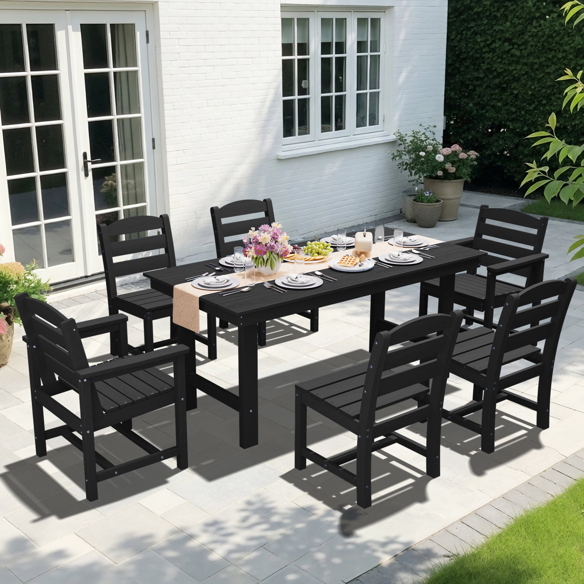 KINGYES 7-Piece Outdoor Dining Set, HDPE Patio Table and Chairs with Umbrella Hole, Black