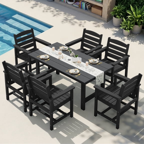 KINGYES 7-Piece Outdoor Dining Set, HDPE Patio Table and Chairs with Umbrella Hole, Black