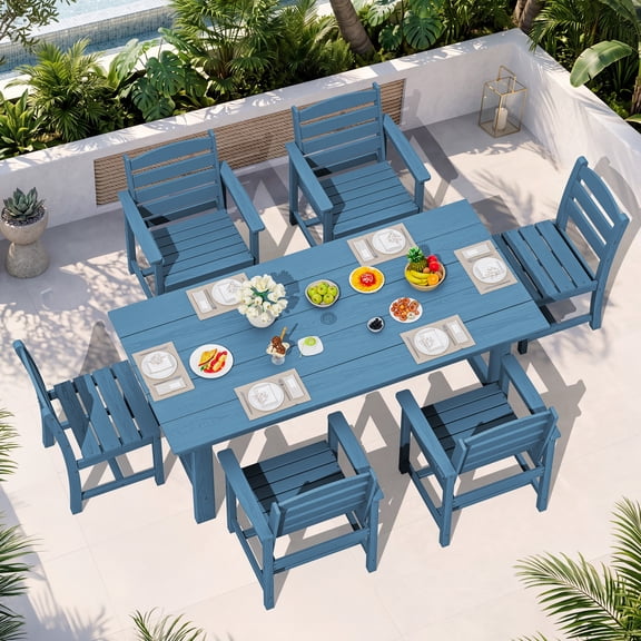 KINGYES 7-Piece Outdoor Dining Set, HDPE Patio Table and Chairs with Umbrella Hole, Blue