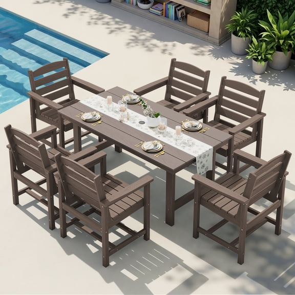 KINGYES 7-Piece Outdoor Dining Set, HDPE Patio Table and Chairs with Umbrella Hole, Dark Brown