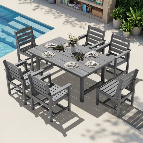 KINGYES 7-Piece Outdoor Dining Set, HDPE Patio Table and Chairs with Umbrella Hole, Gray